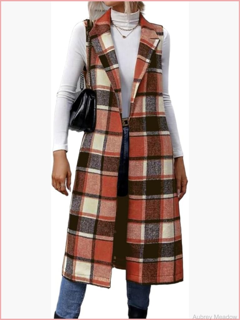 Long Plaid Vest Sleeveless Blazer Jacket Open Front Cardigan With Belt